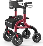 HolyHeal Walkers for Seniors, Rollator Walker with Seat and Backrest, 10" Big Wheels All Terrain, Rolling Walker Foldable Supports 350lb, Lightweight & Height Adjustable, Cane & Cup Holder, Burgundy