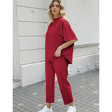 SeeLuNa Women's Two Piece Outfits 3/4 Batwing Sleeve Capelet Crew Neck Pullover Top Wide Leg Pants Lounge Set(Wine Red,XL)