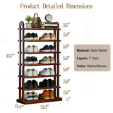 MKSDJIW 7-Tier Shoe Rack, 14 Pairs of Shoes, Made of Solid Wood, Tall Shoe Shelf with Removable Shelves, Suitable for Corners, Entryways, Wardrobes, and Doorways, (Walnut)
