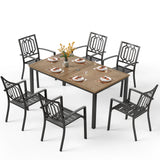PHI VILLA 7 Pcs Outdoor Dining Set, 65" Wood-Like Table w/Umbrella Hole