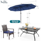 PHI VILLA 7-Piece Patio Set with 13ft Blue Umbrella, 6 Rattan Chairs