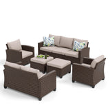 MIXPATIO Patio Furniture Set, 6 Pcs Wicker Outdoor Conversation Set, 2 x Leg Chairs, 1 x 3 Seater Sofa, 1 x 2-Seat Lover Sofa and 2 x Ottomans with 4" Thick Cushion for Garden Backyard Deck, Beige