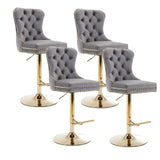 MOOLSUN Rotating Velvet Bar Stools Set of 4, Modern Padded with Nailhead Trim and Tufted Back, Adjustable Swivel Counter Height Stools for Kitchen Island, Bar, Club,Gray(Gold Base)