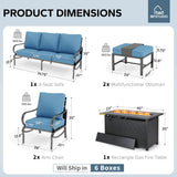 MFSTUDIO 6 Piece Metal Patio Furniture Set with Fire Pit Table, Denim Blue