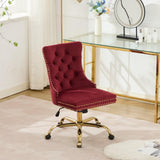 Wine Red Velvet Vanity Chair with Wheels, Armless Home Office Desk Chairs