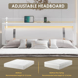 Keyluv Queen Bed Frame with RGB LED Lights Headboard & 2 Storage Drawers, Modern Upholstered Faux Leather Smart Platform Iron Metal Decor, USB USB-C Charging Ports, No Box Spring Needed, White