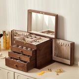Homruilink Black Walnut Wooden Jewelry Box, Wood Jewelry Organizer with 2 Side Doors Mirror Lockable Classical Style for Watch Necklace Ring Earring Storage Gifts-4 Layer