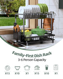 Nfnoyp Dish Drying Rack, 2 Tier Space-Saving Dish Rack, Multifunctional Dish Drainer for Kitchen Counter with Drainboard/Utensil/Cup Holder Rustproof Carbon Steel, Black