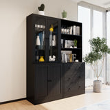 TUSY 71" H Bookshelf with Storage, 6-Tier Modern Bookshelves with 3 Large Drawer, Display Bookcase with Glass Doors, Modern 5-Tier Curio Cabinet for Home Office, Dining Room (Black, AB)