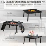 34" Fire Pit with Grill, Metal Outdoor Wood Burning Firepit with Spark Screen, Fire Poker, Cover, Table Lip, Black Outsunny