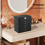Frebeauty Large Jewelry Box,6-Tier PU Leather Jewelry Organizer,Multi-functional Storage Case with Mirror,Accessories Holder with 5 Drawers for Necklace Bracelets Watches(Black)