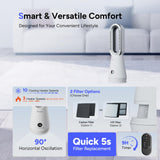 Faryuan 3-in-1 Heater Fan Combo, 22" Bladeless Tower Fan with Air Purifier, 90° Oscillating Fast Heating & Cooling, Remote Control, Quiet Portable for Bedroom Home Office, White