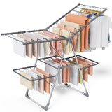 Sakugi Clothes Drying Rack, Foldable 2-Level Laundry Drying Rack with Height-Adjustable Wings, for Clothing & Bedding, Free-Standing Space-Saving Rack, Indoor & Outdoor, 55.5" L × 22.8" W, Gray