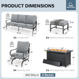 MFSTUDIO 6 Piece Metal Patio Furniture Set with Fire Pit Table, Gray
