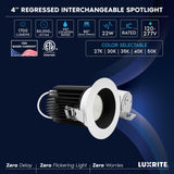 LUXRITE 4 Inch Recessed Light, Regressed Canless LED Spotlight, 5CCT 2700K-5000K, CRI90, 22W, 1700 Lumens High Output, 60º Wide Flood, Round Black & White Baffle Trim, Dual Dimmable, IC & Wet (4 Pack)