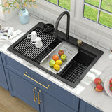 Lordear Granite Composite Kitchen Sink With Waterfall Faucet 33x22 Inch Drop In Kitchen Sinks Black Quartz Single Bowl Multifunctional Workstation Topmount Sink