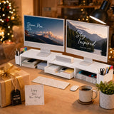 OPNICE Desk Organizers and Accessories, Dual Monitor Stand Riser with Drawer and 2 Pen Holders, Desk Shelf Computer Racks & Printer Stand for Office Workspace Organizers, Desktop Organization (White)