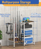 Tigerden Fishing Rod Holders for Garage, Fishing Pole Holder Stand with Multifunctional Hook, 4 Tier Fishing Gear Equipment Organizers Rack, Fits Most Rods of 1.58" for Home Entryway Corner, White