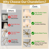 Brass Gold Chandeliers for Dining Room, 36" 6 Light Antique Modern Chandelier Light Fixture with White Fabric Shade, Classic Kitchen Pendant Lights over Table for Living Room Bedroom Entryway Foyer