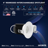 LUXRITE 4 Inch Recessed Light, Regressed Canless LED Spotlight, 5CCT 2700K-5000K, CRI90, 22W, 1700 Lumens High Output, 60º Wide Flood, Round White Baffled Trim, Dual Dimmable, IC & Wet Rated (4 Pack)