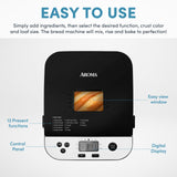 AROMA® 1.5lbs. Digital Bread Maker with Crust Customization, Clear-View Lid, and Nonstick Baking Pan, Black (ABM-250)