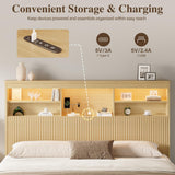 Uteeran King Size Bed Frame and Tall Headboard & Storage, Metal Platform Bed Frame with 4 Storage Drawers, King Bed Frame with LED Lights & Charging Ports, No Box Spring Needed, Noise-Free, Natural