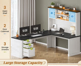 L Shaped Desk with Hutch and 3 Drawers, 68.9" Executive Office Desk with File Drawer and Power Outlet