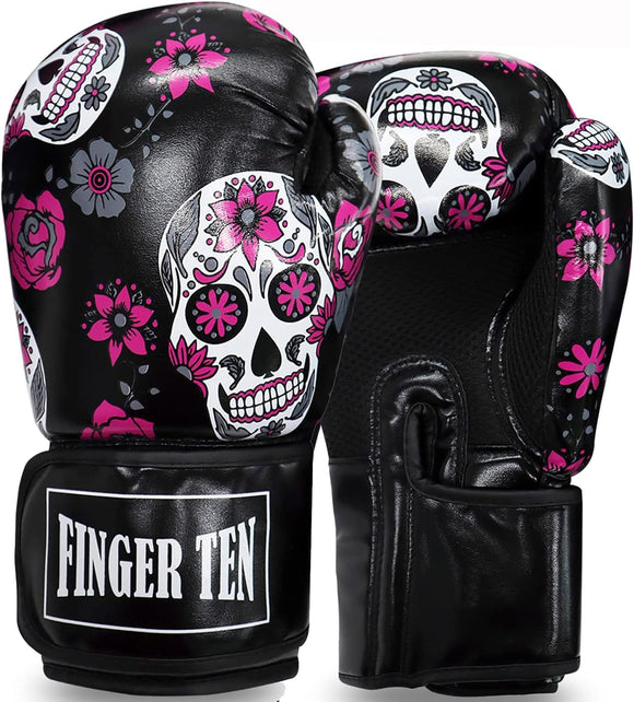 Boxing Gloves Women Punching Sparring Kickboxing MMA Training Heavy Bag Glove Pink White Rosy Black Leather for 8 10 12 14 oz for Womens(Black Printed, 14 oz) FINGER TEN