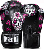 Boxing Gloves Women Punching Sparring Kickboxing MMA Training Heavy Bag Glove Pink White Rosy Black Leather for 8 10 12 14 oz for Womens(Black Printed, 14 oz) FINGER TEN