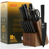 OOU Kitchen Knife Block Set - 15 Pieces High Carbon Stainless Steel Chef Knife Sets, Anti-Rust Black Knives Set with Built-in Sharpener Block, Brown