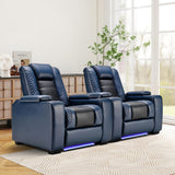 ANJ Power Home Theater Seating Set of 2, Blue Faux Leather Electric Recliner Chair with Adjustable Headrest, Dual Motors Movie Reclining Chairs with LED Lights,USB port,Cup Holders, Hidden Arm Storage