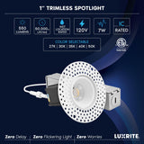 LUXRITE 1 Inch LED Trimless Recessed Lighting with Junction Box, 5CCT 2700K 3000K 3500K 4000K 5000K, 7W, 550LM, Plaster Downlight, Wet Rated, IC Rated, Dimmable, Narrow Spotlight, ETL Listed (4 Pack)