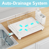 Dish Drying Rack - Space Saving Dish Rack - Dish Racks for Kitchen Counter with Drainboard, Rustproof Dish Drainer with Removable Utensil Holder, White