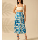 Talakeno Womens Floral Wrap Midi Skirt Summer Adjustable Tie Side Casual High Waist A Line Beach Boho Long Flared Skirts(Blue,S)