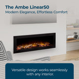 Ambe Linear 50" Electric Fireplace with Real Wood | Hidden Vent Design | Midwest Hardwood Log Set | Recessed or Built-in | Deep Realistic Ember Bed | Fireplace Insert Heater | Trim or Frameless