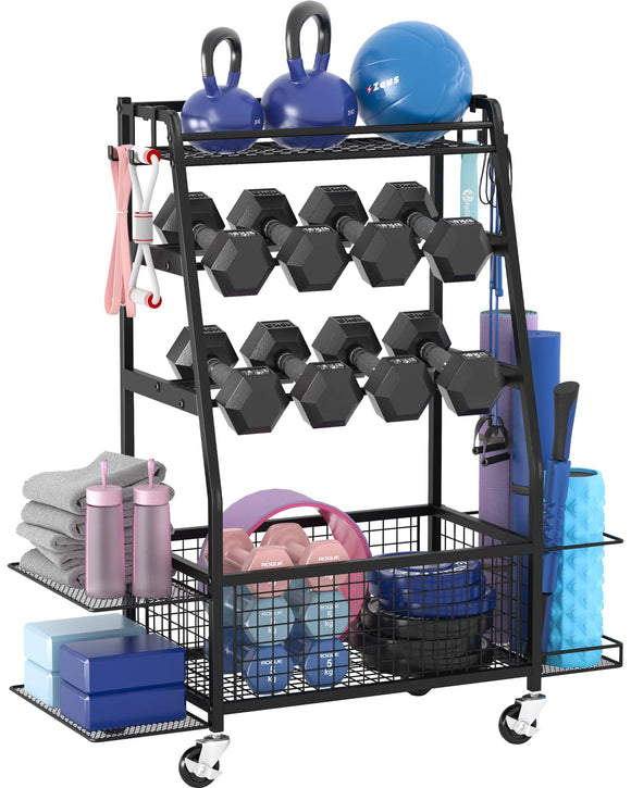 Staransun Staransun Weight Rack for Dumbbells - Dumbbell Rack for Home Gym - Home Gym Storage Rack with 4 Flexible Wheels - Weight Rack for Home Gym with Side Storage and Hooks Staransun