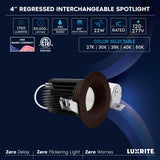 LUXRITE 4 Inch Recessed Light, Regressed Canless LED Spotlight, 5CCT 2700K-5000K, CRI90, 22W, 1700 Lumens High Output, 60º Wide Flood, Round Bronze Trim, Dual Dimmable, IC & Wet Rated (4 Pack)