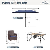 PHI VILLA 7pc Patio Dining Set w/Umbrella, Wood-top Table, Rattan Chairs