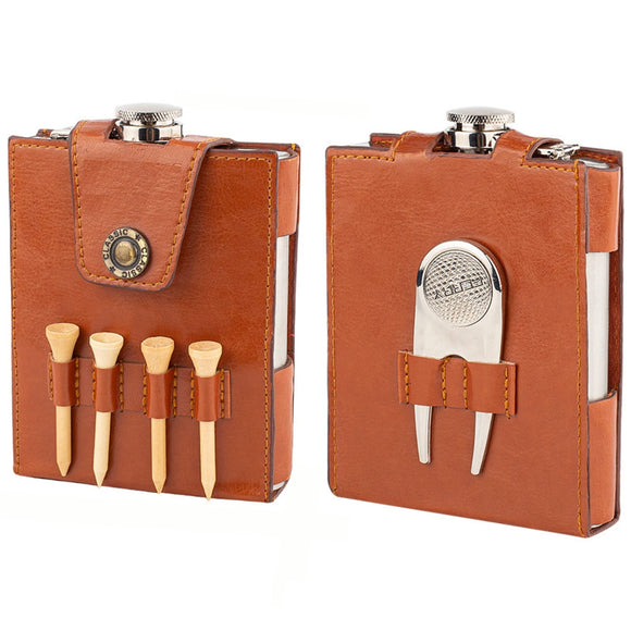 RE GOODS Golf Flask Gift Set - 7oz Flask With Leather Case - Includes Divot Tool, Tees and Ball Marker