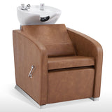 BarberPub Backwash Shampoo Station Chair, Adjustable Porcelain Ceramic Hair Wash Bowl Sink Unit Station, Reclining Shampoo Station Chair for Spa Beauty Salon Hair Salon Equipment 9303 (Brown)