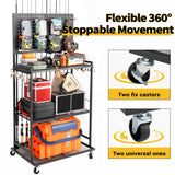 SOYEEZE Large Size Fishing Rod Holders for Garage, 3-Tier Fishing Pole Rack with Pegboard and Hooks, Fishing Gear Tackle Box Organizer Up to 12 Rods, Rolling Fishing Storage Cart with Lockable Wheels
