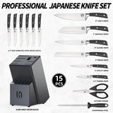Premium Knife Set 15 Pcs Quality Kitchen Knife Set with Block, Japanese High Carbon Stainless Steel Razor Sharp Knife Block Set