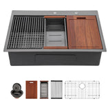 Sarlai 33 Black Kitchen Sink Drop In - 33" x 22" Kitchen Sink Drop In Workstation Topmount Gunmetal Black Stainless Steel 16 Gauge Single Bowl Over Counter Sinks Basin