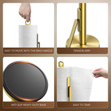 theaoo Heavy-Duty Stainless Steel Paper Towel Holder with Tension Arm – Easy One-Handed Tear, Modern Standing Countertop Dispenser for Kitchen, Holds All Paper Towel Rolls (1, Gold)