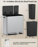 Dual Trash and Recycling Bins for Kitchen, 13+6 Gal Dual Trash Can, Silver