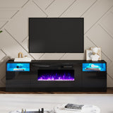 AMERLIFE 80" Fireplace TV Stand with 40" Electric Fireplace, TV Console with High Gloss Storage Cabinets and 12 Colors LED Lights, Modern Entertainment Center for TVs Up to 90", Black