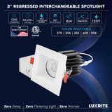 LUXRITE 3 Inch LED Regressed Canless Spotlight + Square White Interchangeable Trim, 5CCT 2700K-5000K, Twist N' Lock, Recessed Lighting, 15W, 1250LM, CRI90, Dimmable, 60° Beam, IC & Wet Rated (6 Pack)