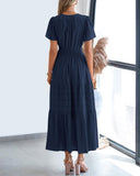 BTFBM Womens Summer 2026 Casual Midi Maxi Dresses Lightweight Short Sleeve V Neck Elastic Waist Boho Beach Dress Pockets(Navy, Medium)