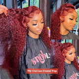 KRKRYQ 38 Inch 99J Burgundy Lace Front Wigs Human Hair Red Burgundy Wig 200% Density 13x6 Deep Wave Lace Front Wigs Human Hair Pre Plucked Glueless Deep Curly Wigs for Women