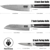 MDHAND Damascus Kitchen Knife Set, 3PCS Ultra Sharp 10Cr15CoMoV Super Steel Japanese Knife, Professional Chef Knife Set with Black Pakkawood Handle, Including Chef, Santoku & Paring Knife, Elegant Box